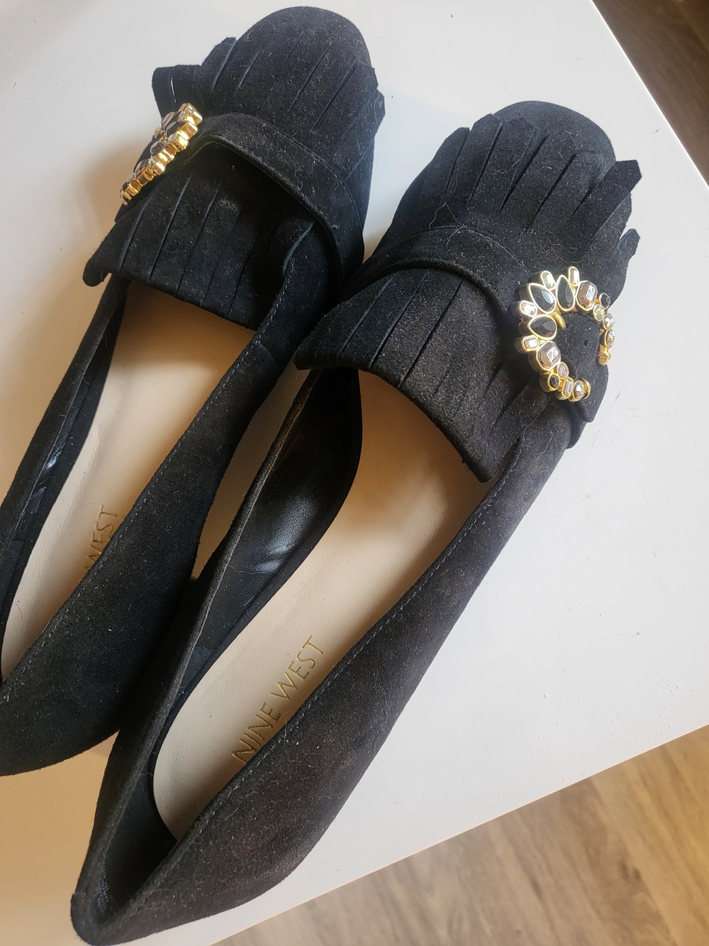 Nine West Black Suede Fringe Loafers with Gold Jewel Accent